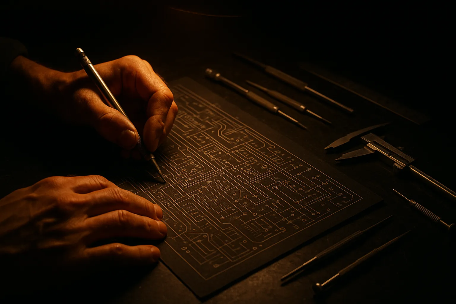 Hands working on intricate circuitry